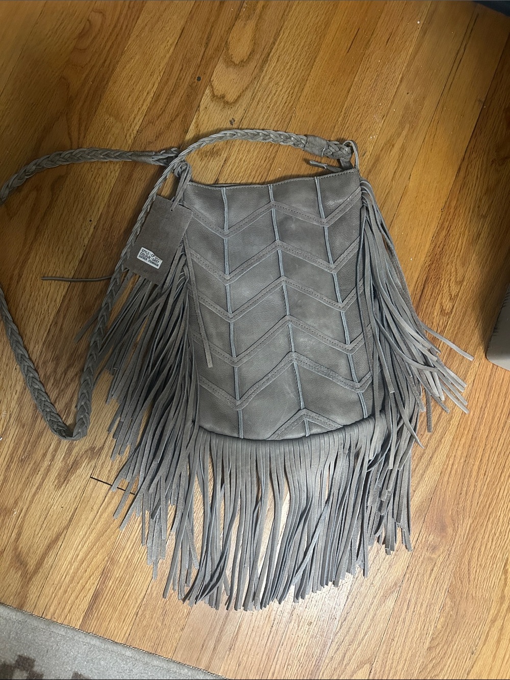 Cut n’ paste gray fringe purse